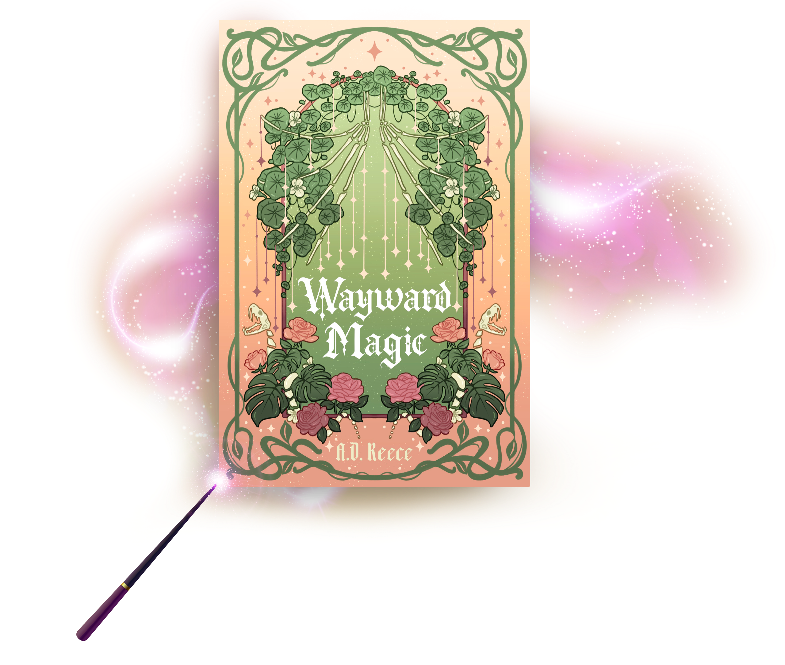 Wayward Magic by A. D. Reece. A green and orange book cover with plants and a snake skeleton.